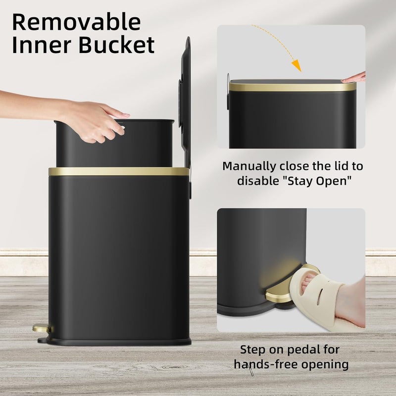 KUK Small Bathroom Trash Can with Lid Soft Close, Step Pedal, 2.6 Gal Stainless Steel Garbage Can with Removable Inner Bucket, Anti-Fingerprint Wastebasket for Office, Bedroom, Toilet (Black) - Image 5